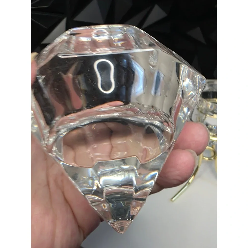 Diamond Shaped Crystal Glass Votive Candle Holders Gold Metal Stands Set of 2